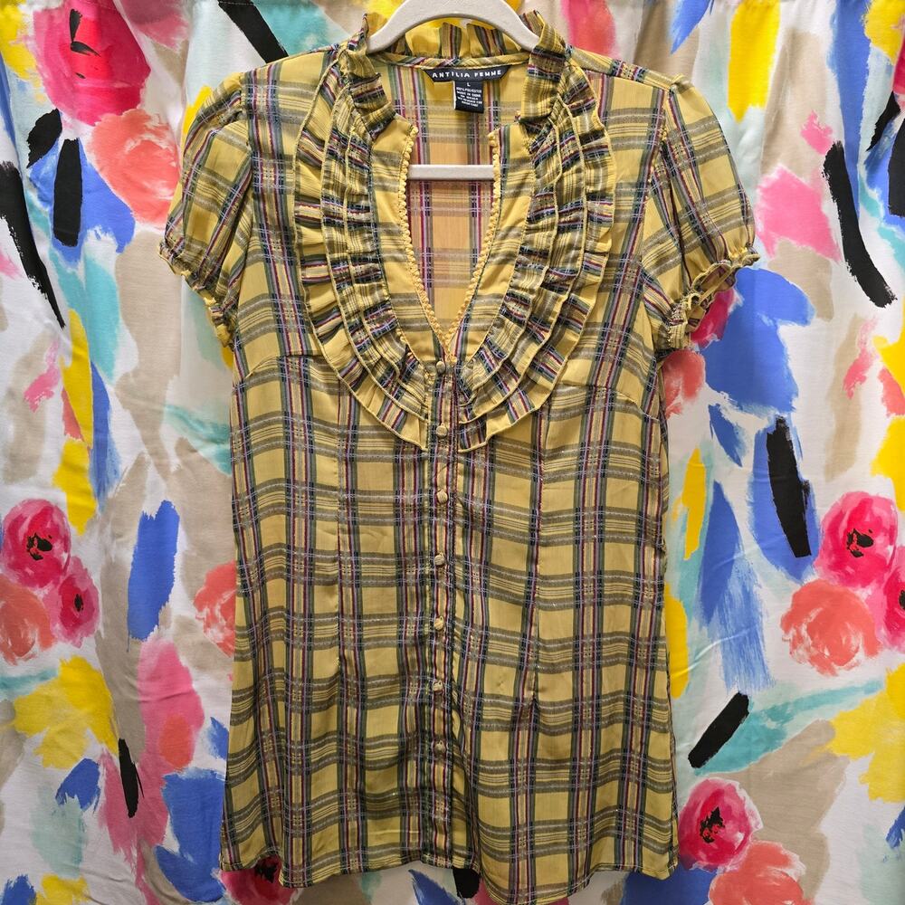 Antilia Femme y2k yellow sparkle plaid ruffle neck button short puff sleeve L